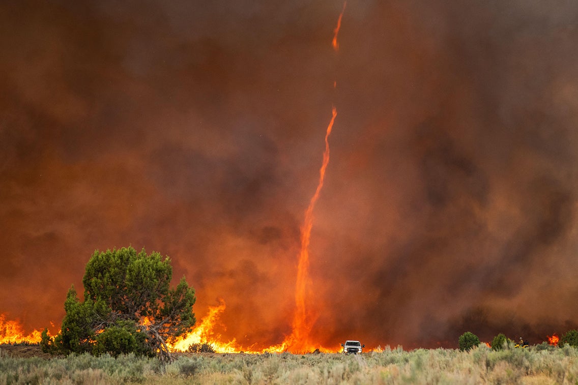 Un firenado surge de las intensas llamas en Pine Gulch Fire.
